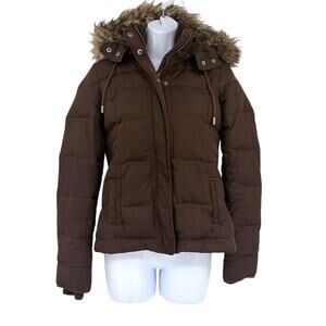 Y2K Abercrombie Fitch Down Puffer Women Jacket Sz S Fur Hood Indie Brown McBling